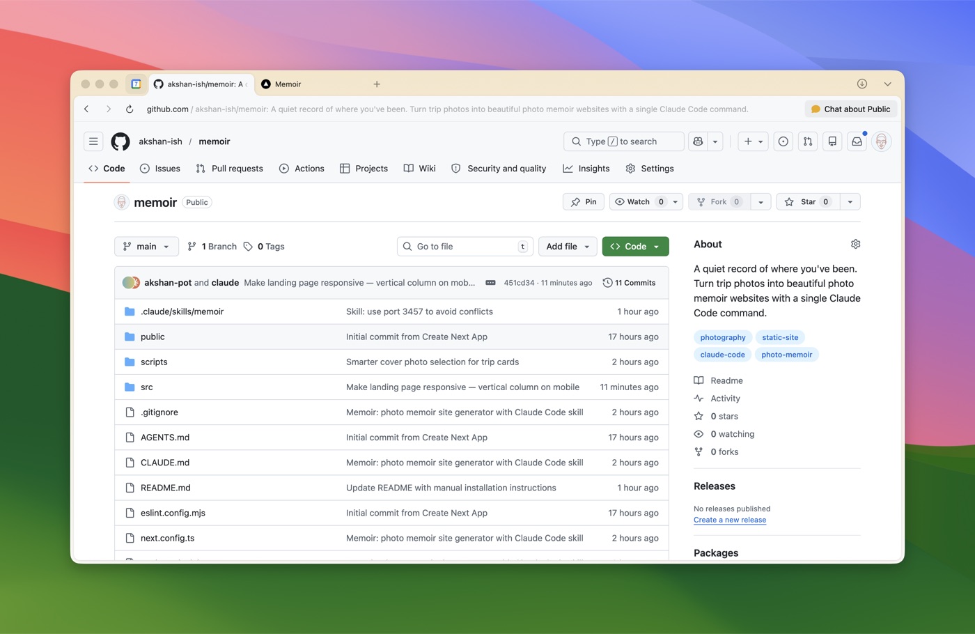 Memoir open-source repository on GitHub